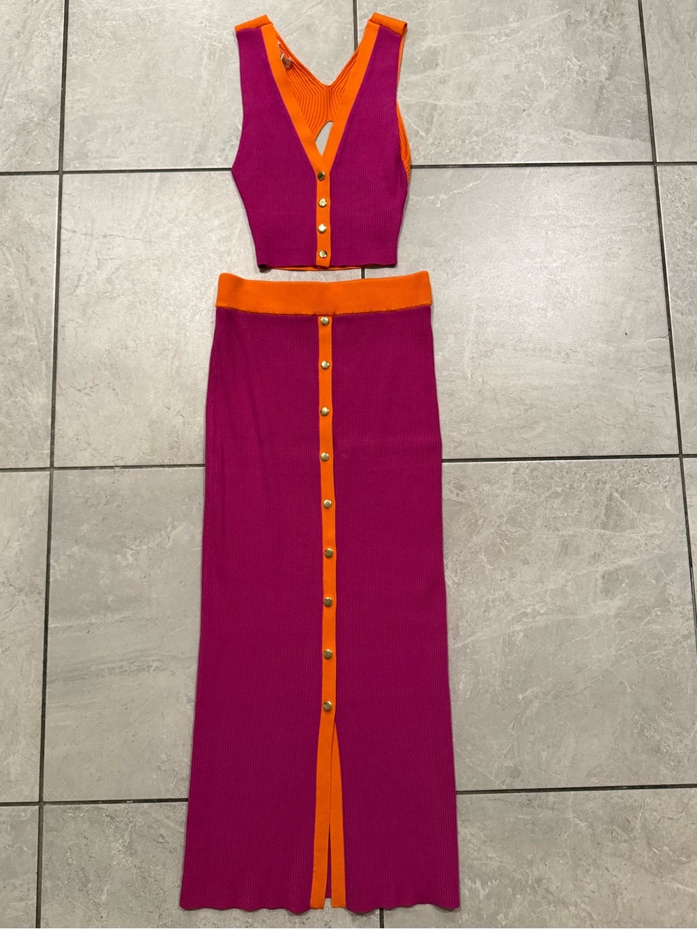 Ramy Brook Fuchsia and Orange Knit Two-Piece Maxi Set